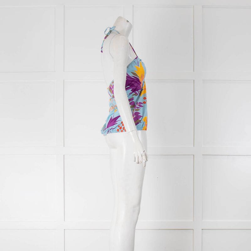 Missoni Light Blue Purple Yellow Floral Halter Neck Top