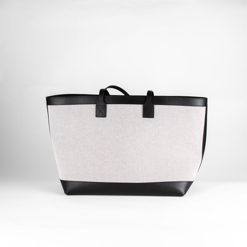 Burberry Cream Canvas Black Leather Trim Large Tote Bag