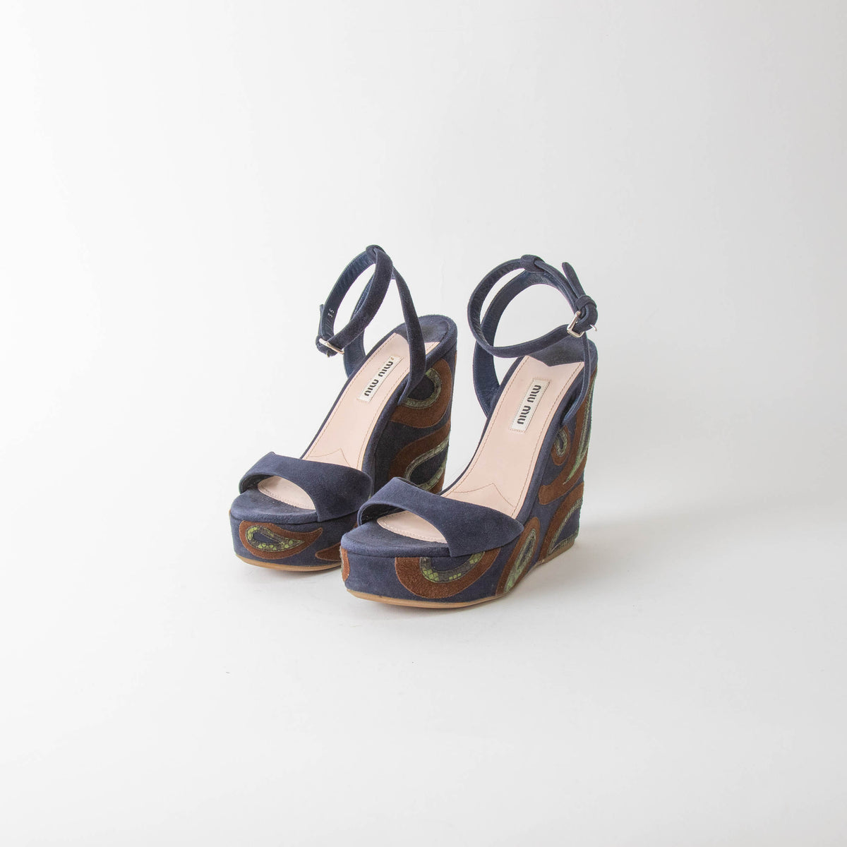Miu Miu Blue Wedge Sandal With Green Paisley On Heel