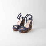Miu Miu Blue Wedge Sandal With Green Paisley On Heel