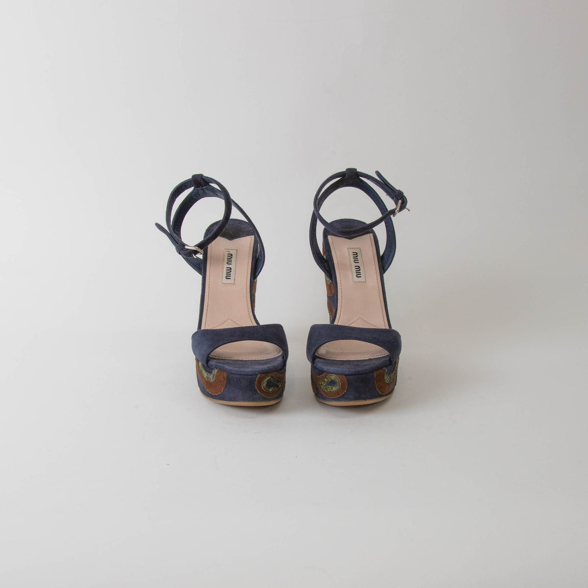 Miu Miu Blue Wedge Sandal With Green Paisley On Heel