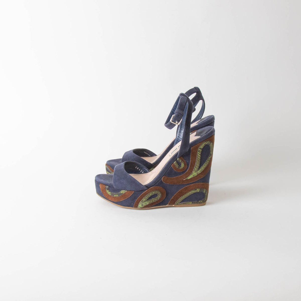 Miu Miu Blue Wedge Sandal With Green Paisley On Heel