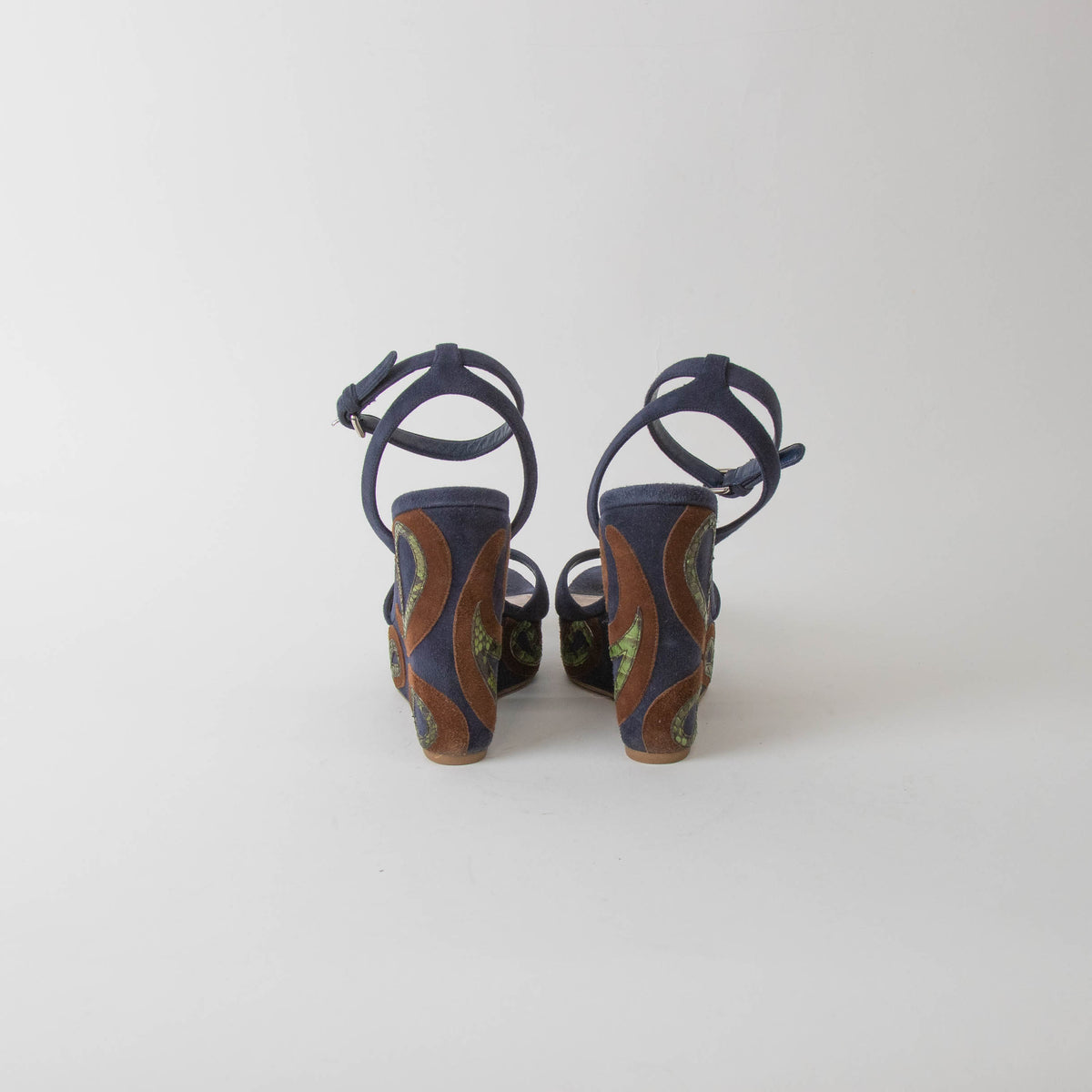 Miu Miu Blue Wedge Sandal With Green Paisley On Heel