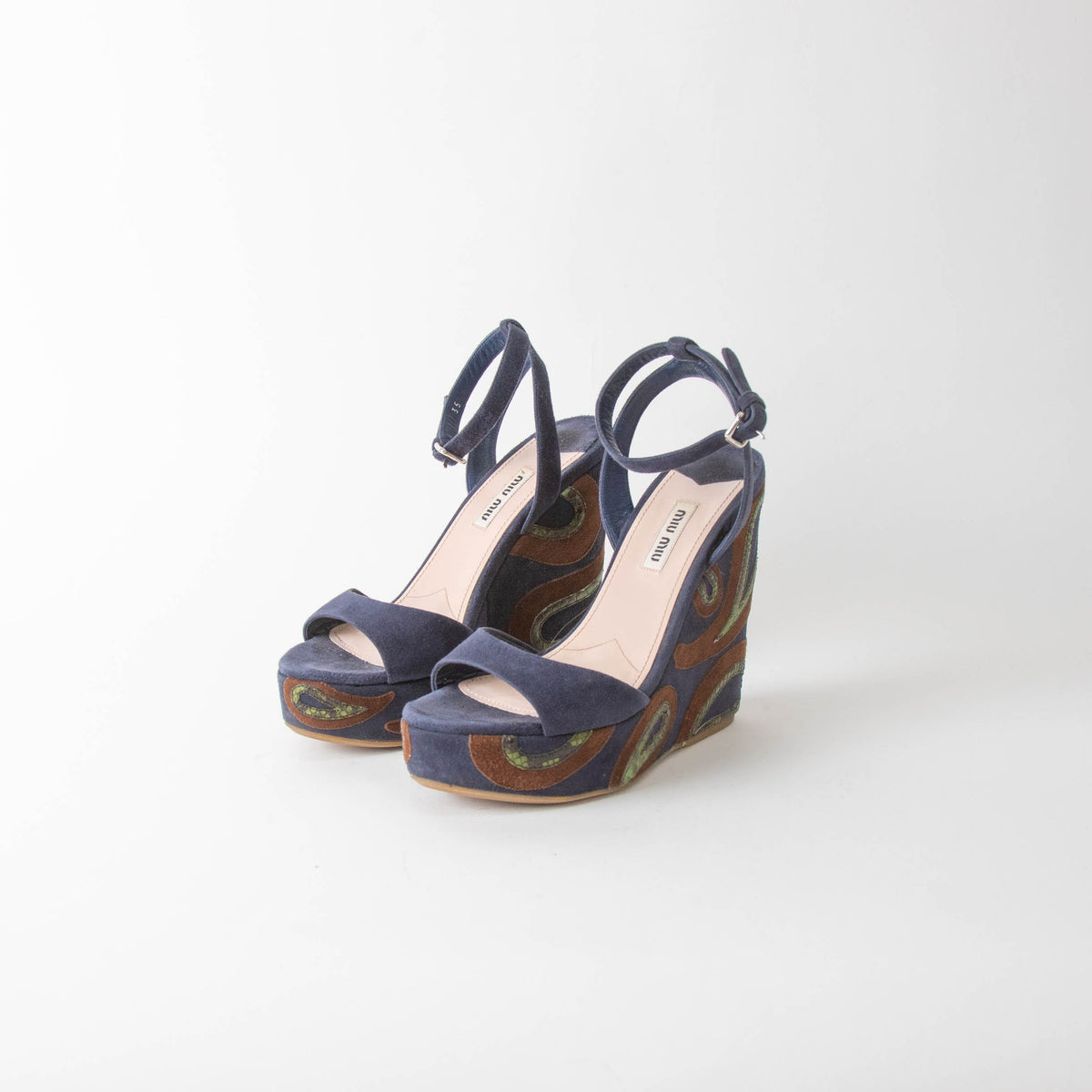 Miu Miu Blue Wedge Sandal With Green Paisley On Heel