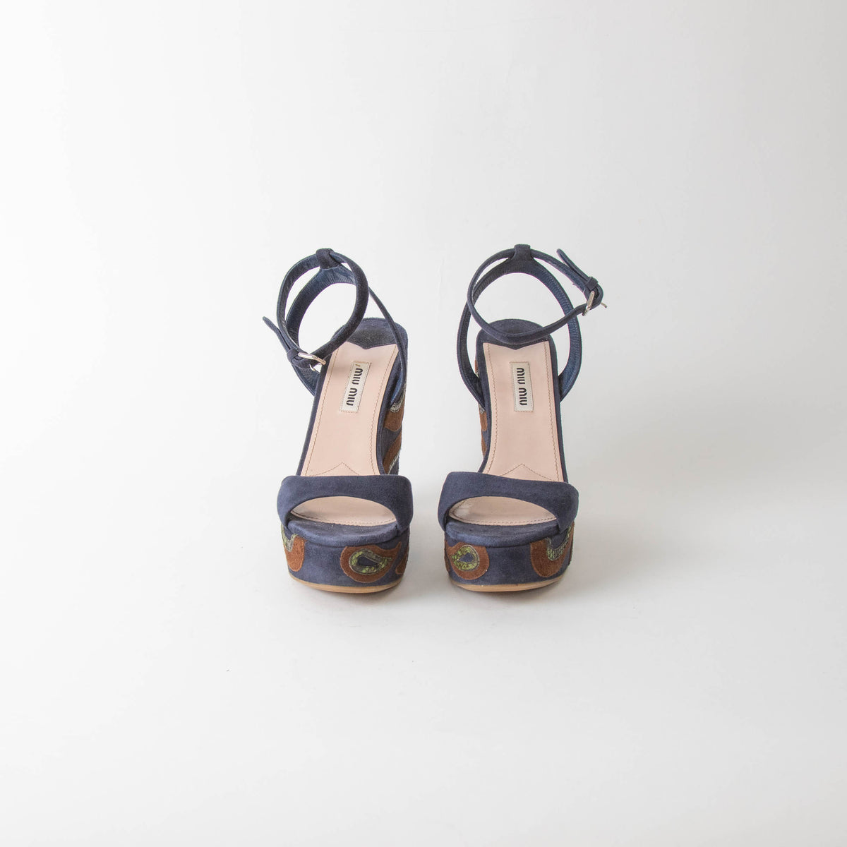 Miu Miu Blue Wedge Sandal With Green Paisley On Heel