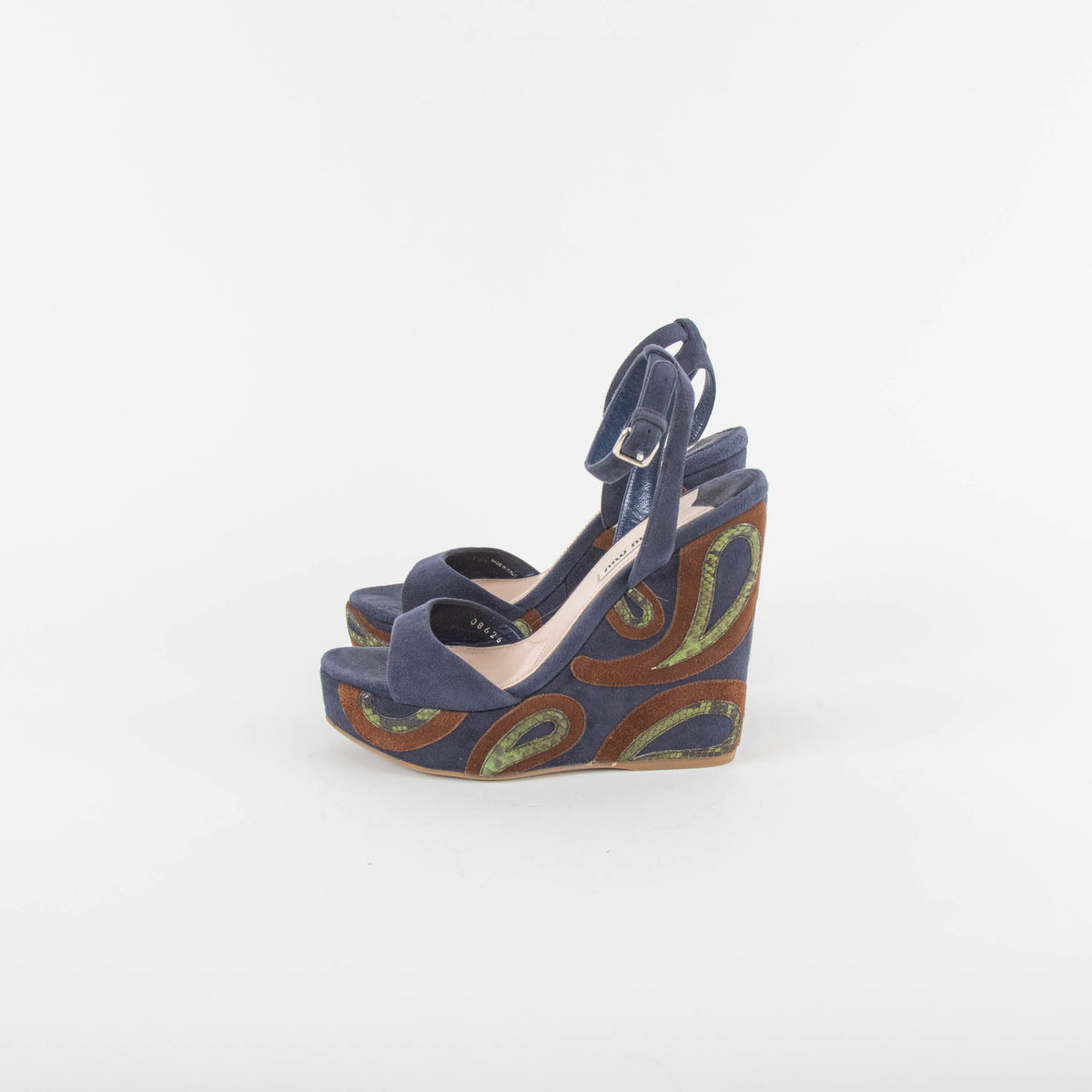 Miu Miu Blue Wedge Sandal With Green Paisley On Heel