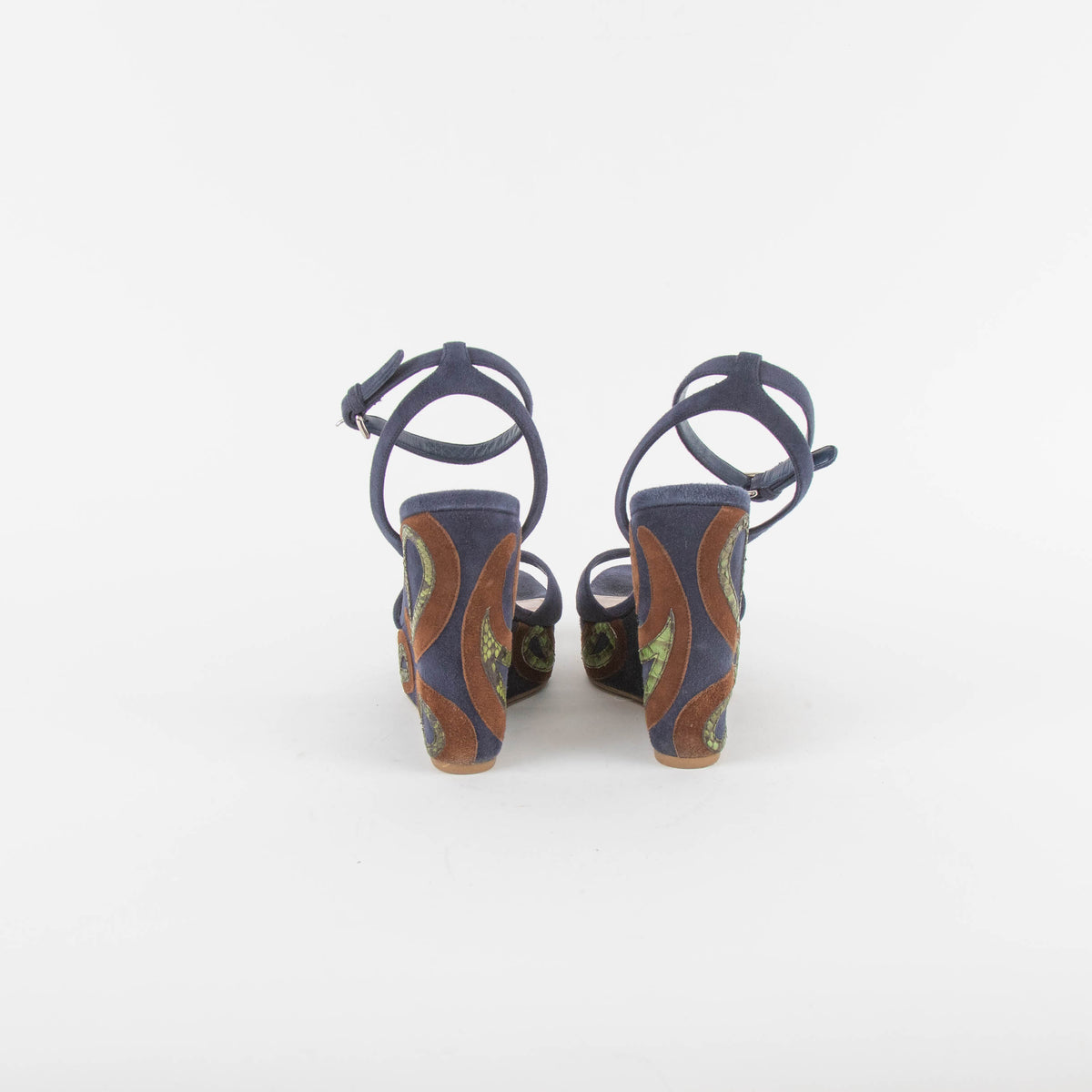 Miu Miu Blue Wedge Sandal With Green Paisley On Heel