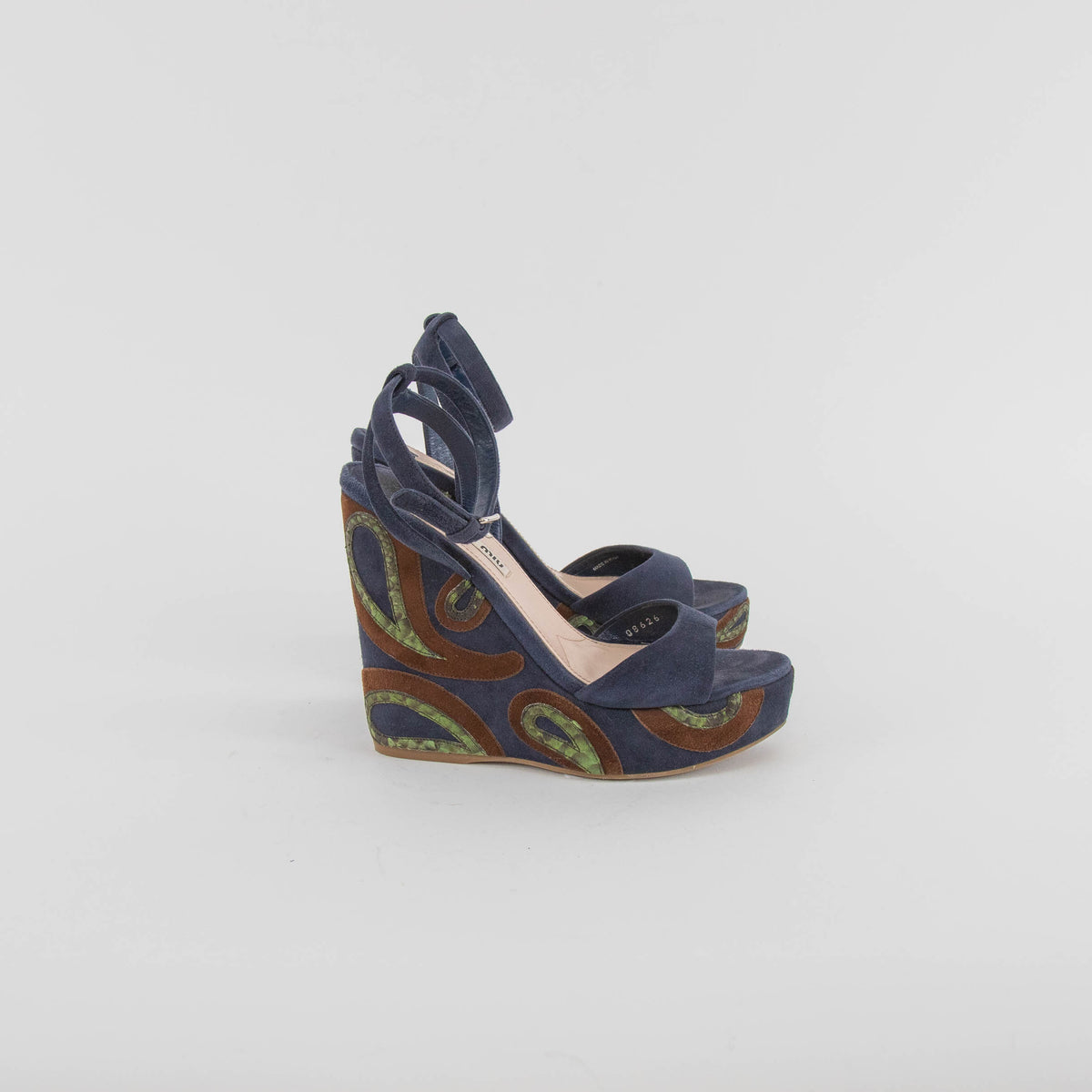 Miu Miu Blue Wedge Sandal With Green Paisley On Heel