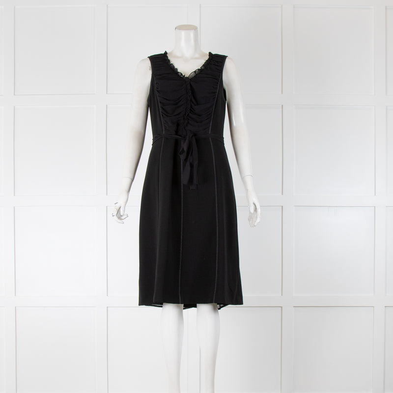 Max Mara Studio Black Sleeveless Crepe Wool Chiffon Bib Belted Dress