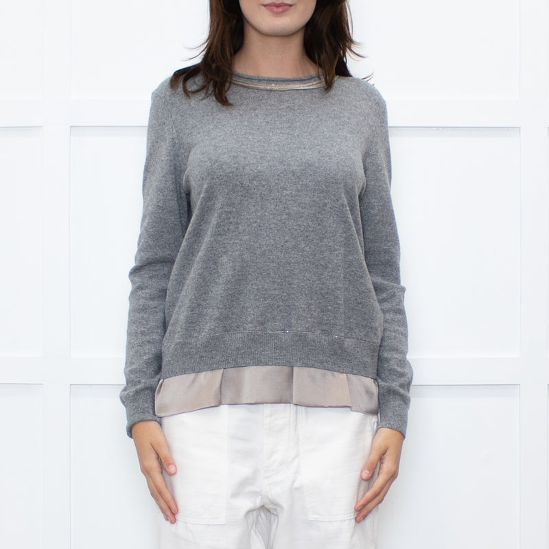 Peserico Grey Wool Beige Silk Trim Sweater