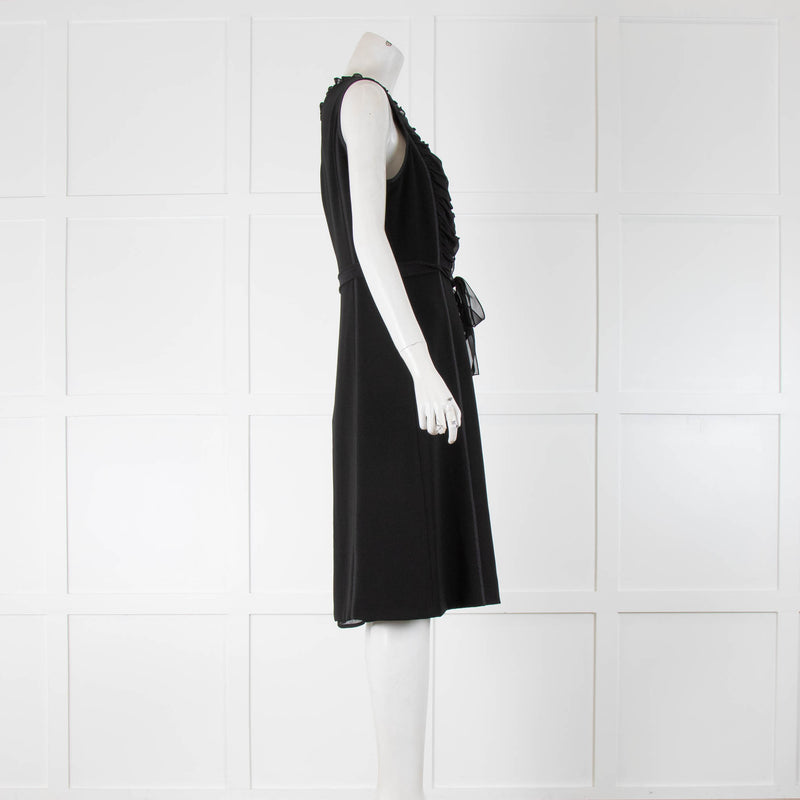 Max Mara Studio Black Sleeveless Crepe Wool Chiffon Bib Belted Dress