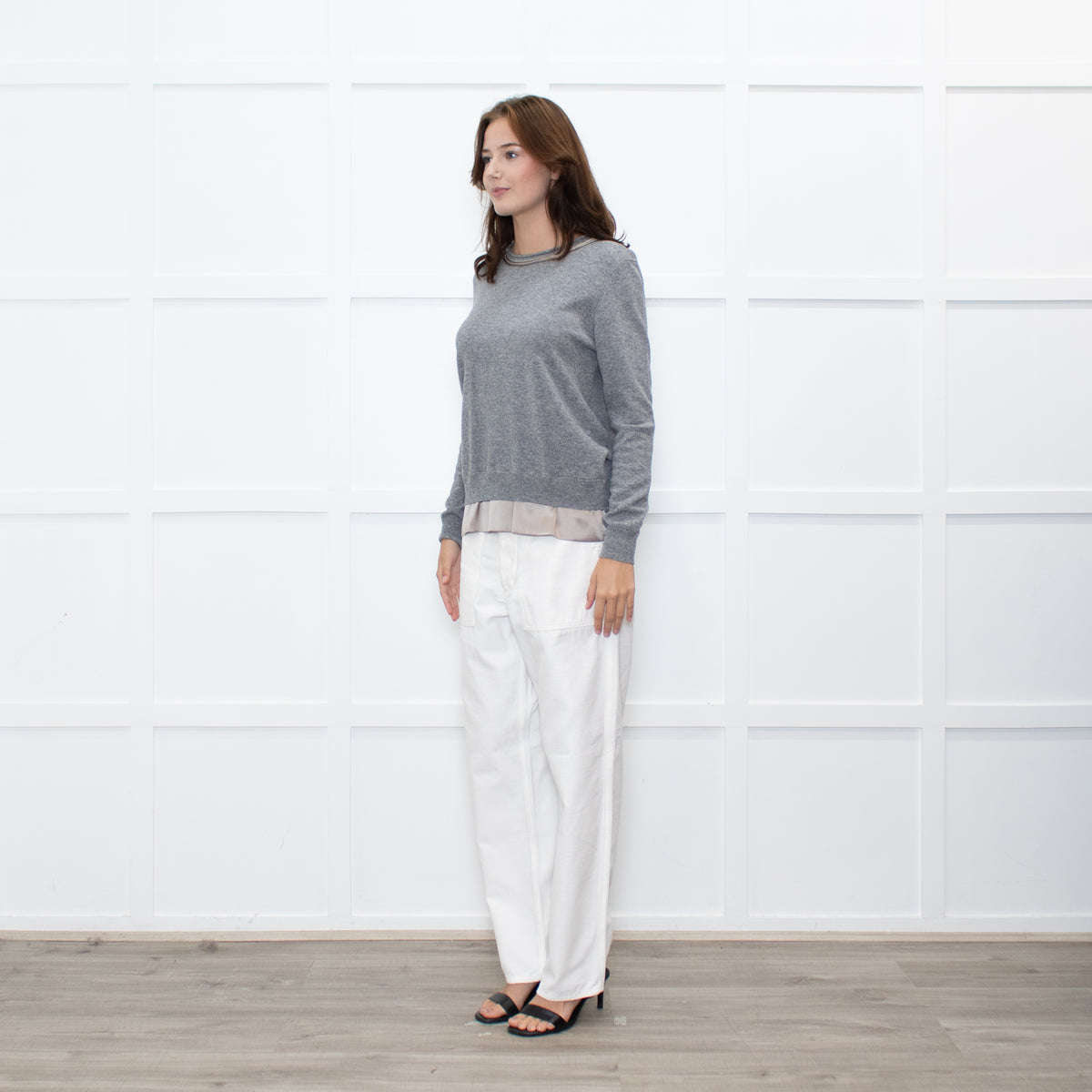 Peserico Grey Wool Beige Silk Trim Sweater