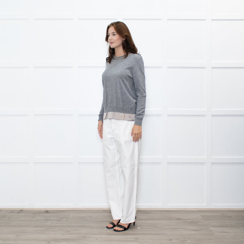 Peserico Grey Wool Beige Silk Trim Sweater