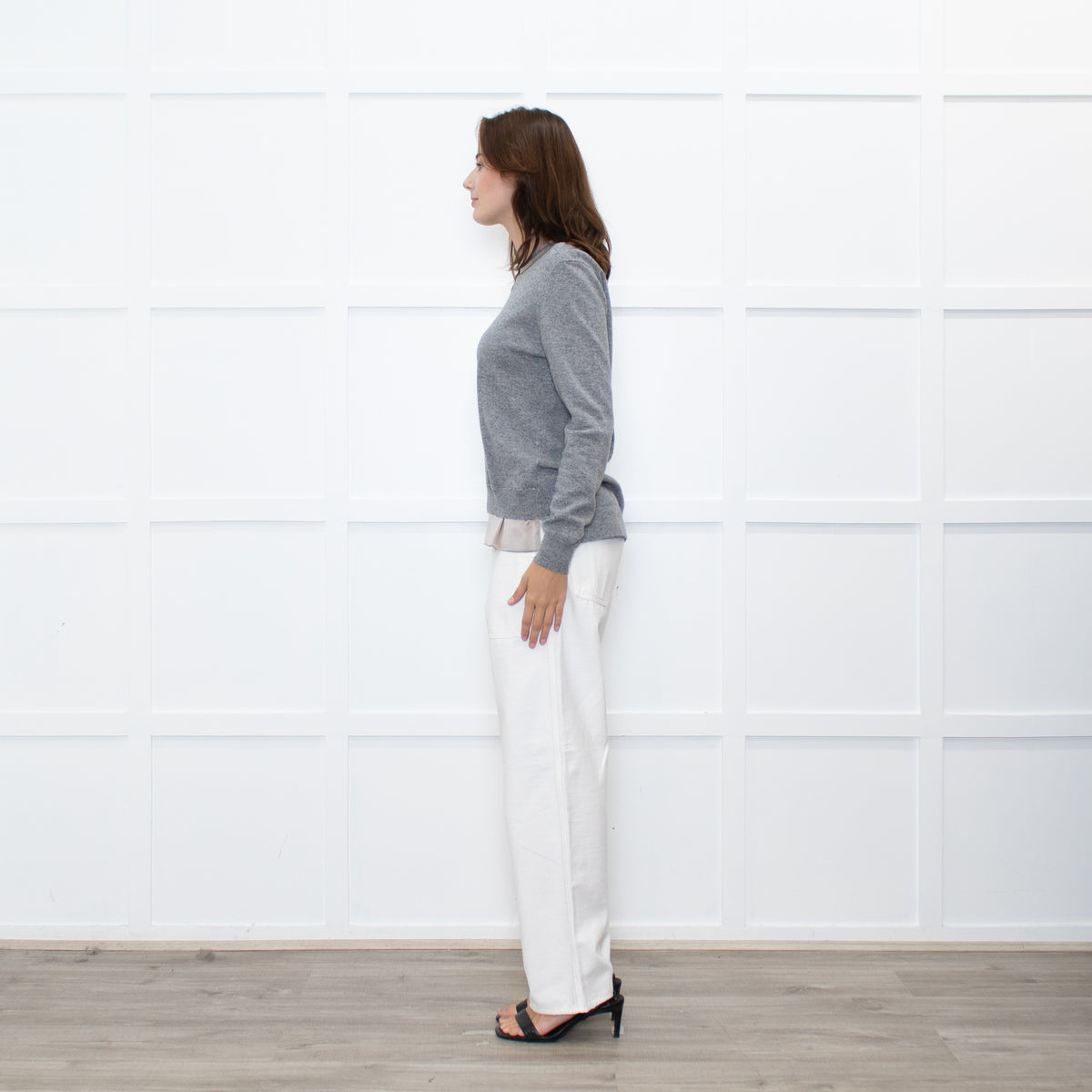 Peserico Grey Wool Beige Silk Trim Sweater
