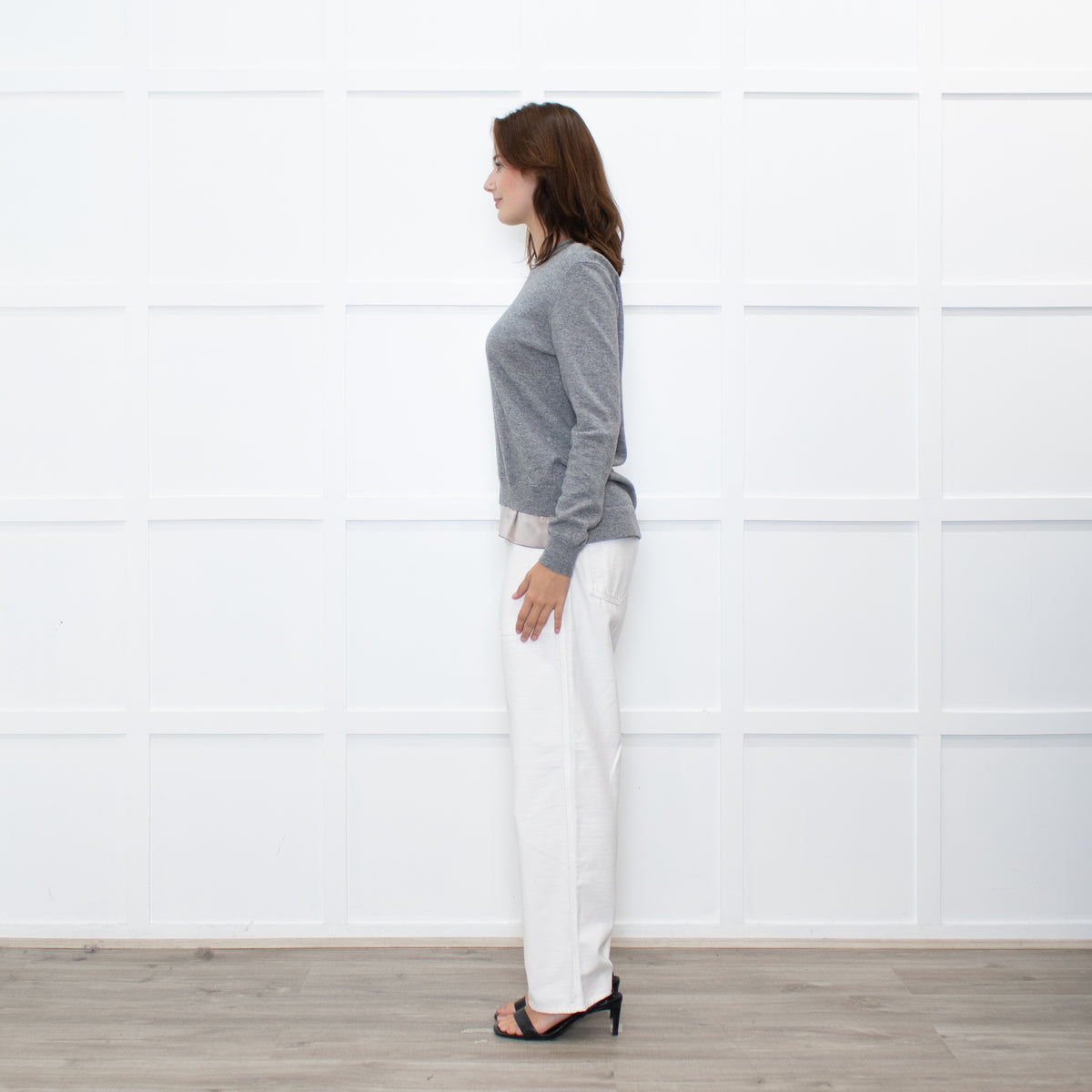 Peserico Grey Wool Beige Silk Trim Sweater