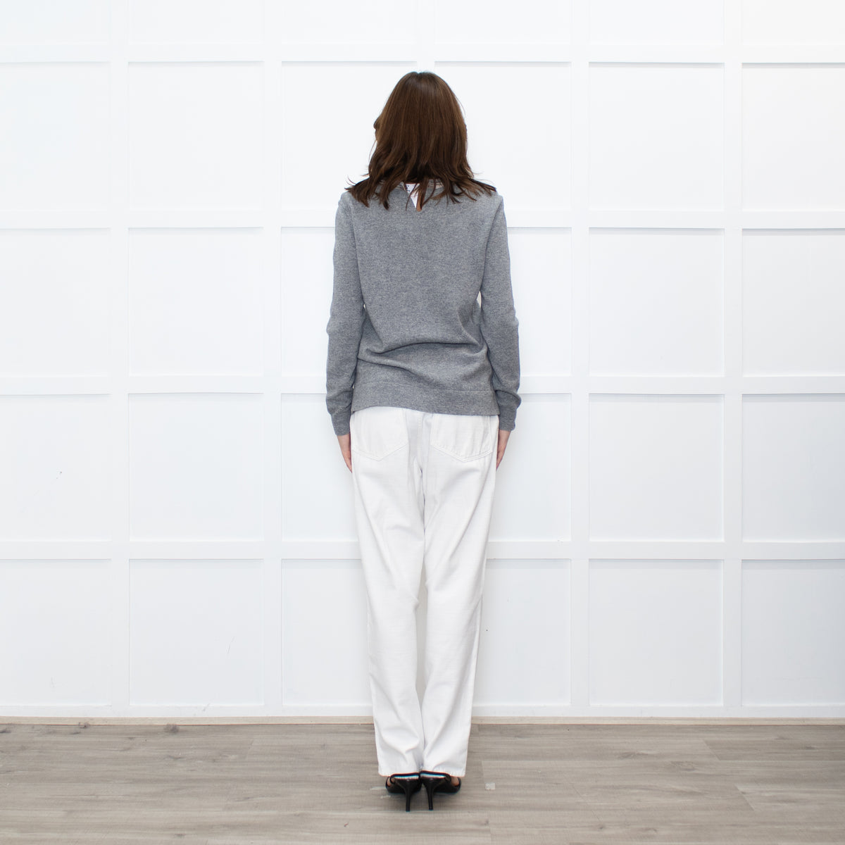 Peserico Grey Wool Beige Silk Trim Sweater