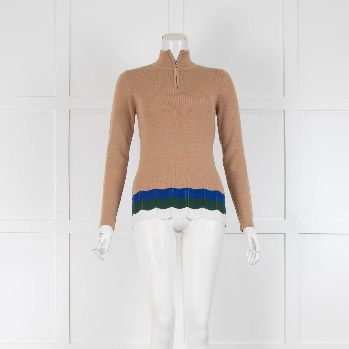 Sandro Camel Sweater with Hem Stripe and Zip