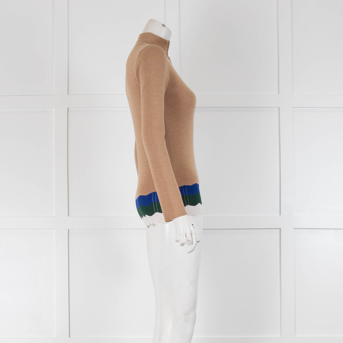 Sandro Camel Sweater with Hem Stripe and Zip