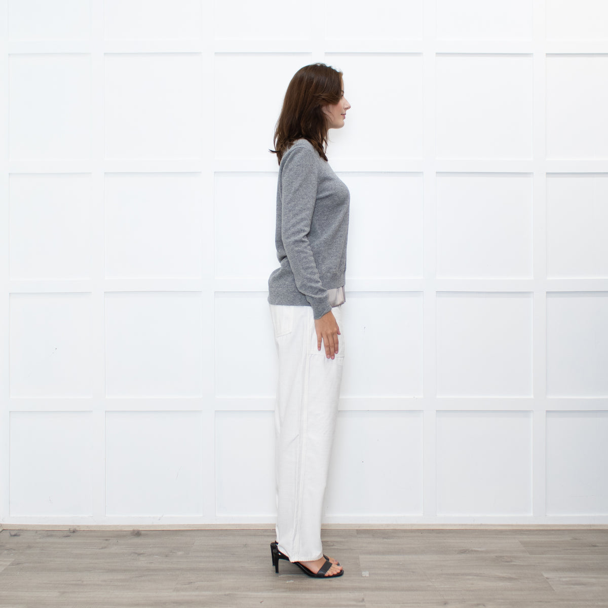 Peserico Grey Wool Beige Silk Trim Sweater