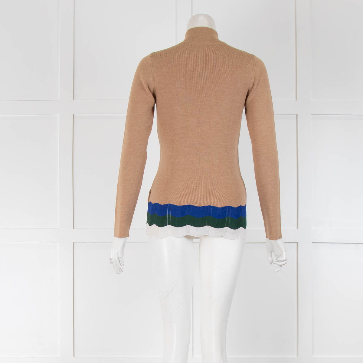 Sandro Camel Sweater with Hem Stripe and Zip