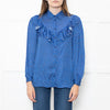 Maje Cobalt Blue Black Cream Paisley Print Ruffle Blouse