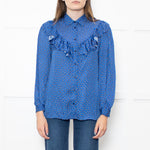 Maje Cobalt Blue Black Cream Paisley Print Ruffle Blouse