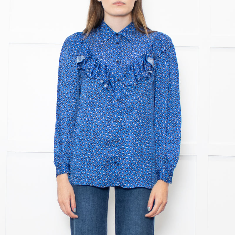 Maje Cobalt Blue Black Cream Paisley Print Ruffle Blouse