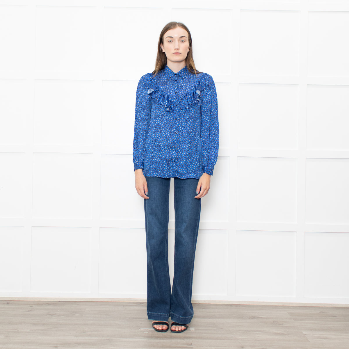 Maje Cobalt Blue Black Cream Paisley Print Ruffle Blouse