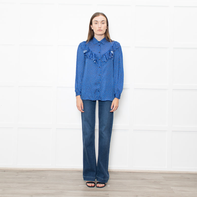 Maje Cobalt Blue Black Cream Paisley Print Ruffle Blouse