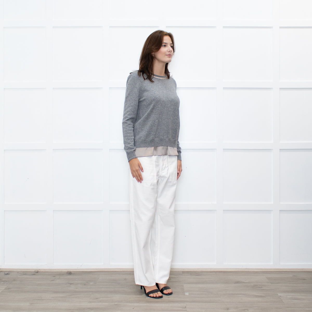 Peserico Grey Wool Beige Silk Trim Sweater