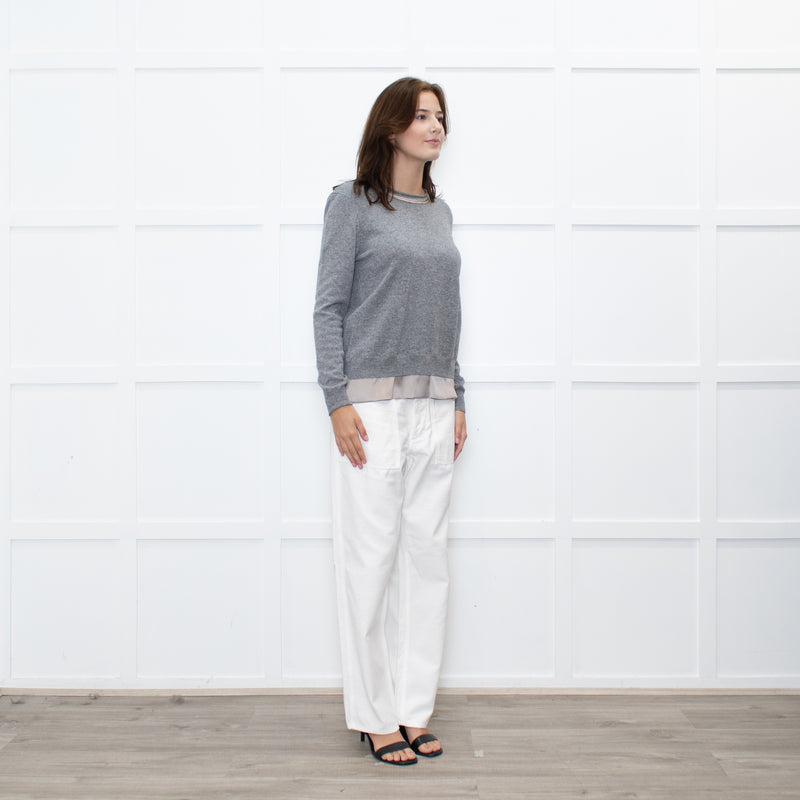 Peserico Grey Wool Beige Silk Trim Sweater