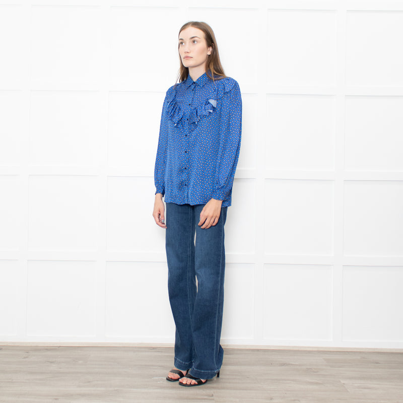 Maje Cobalt Blue Black Cream Paisley Print Ruffle Blouse