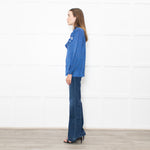 Maje Cobalt Blue Black Cream Paisley Print Ruffle Blouse