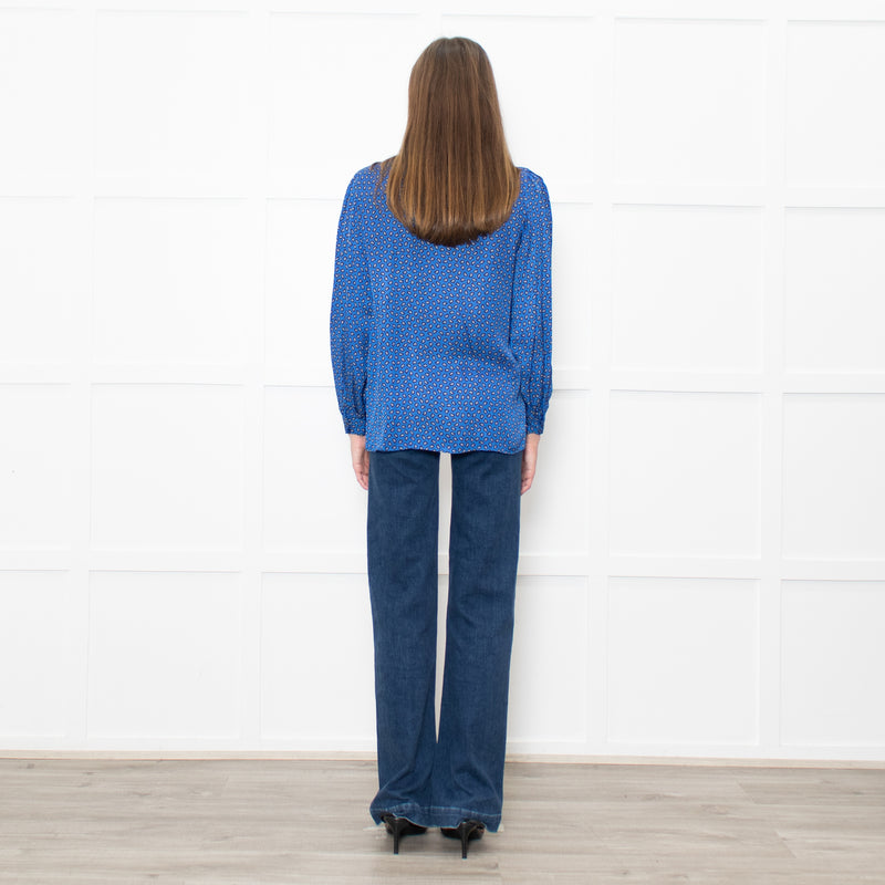 Maje Cobalt Blue Black Cream Paisley Print Ruffle Blouse