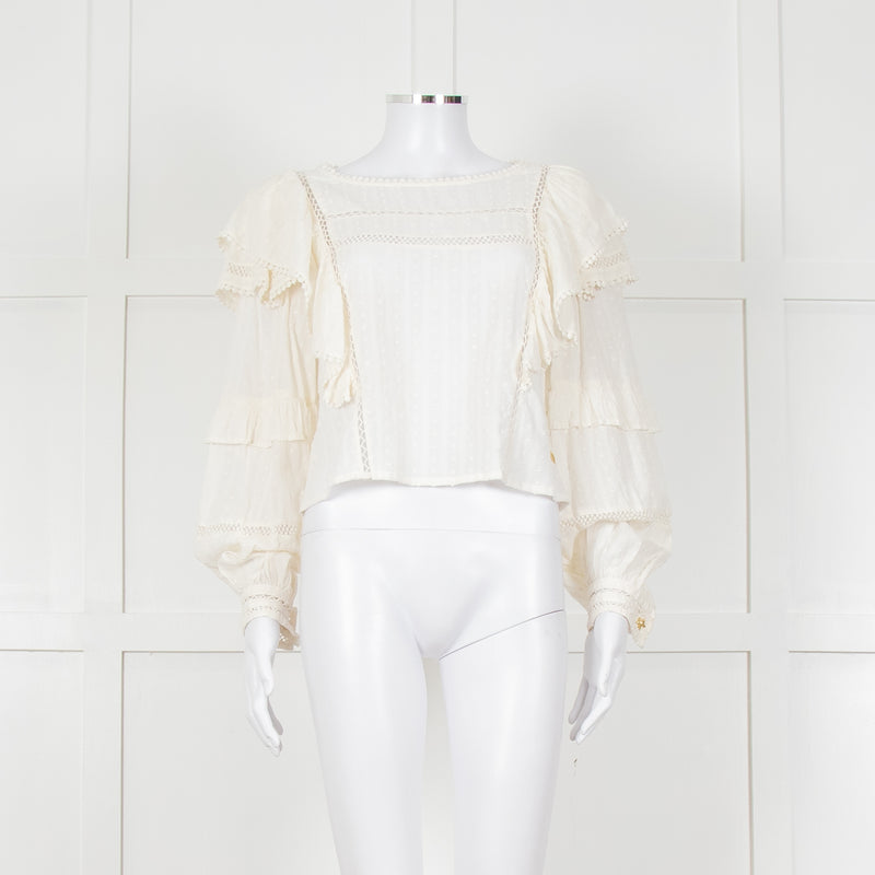 Fabienne Chapot Cream Ruffled Lace Insert Frilled Blouse