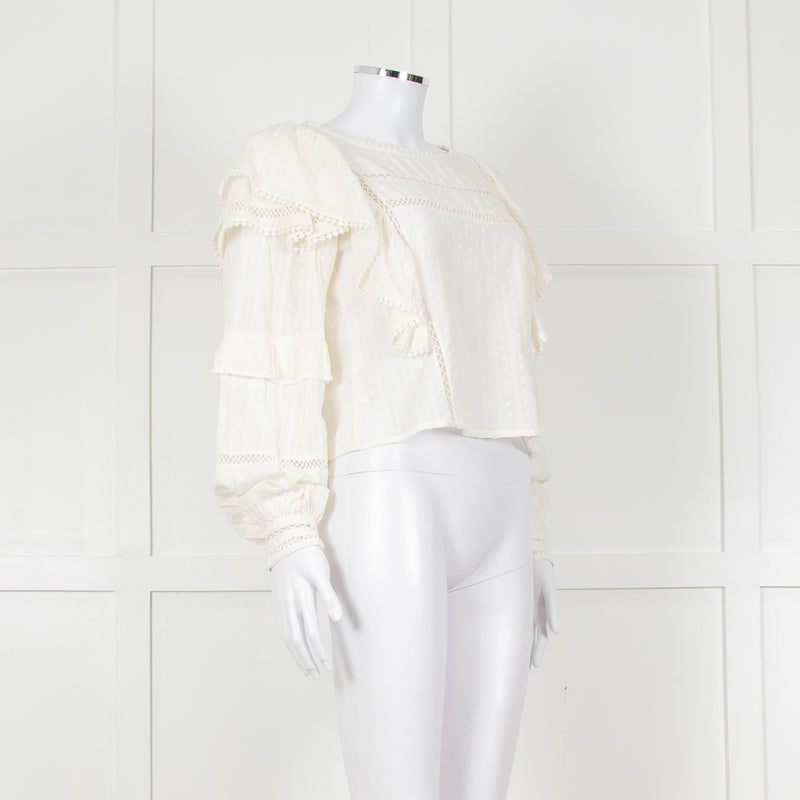Fabienne Chapot Cream Ruffled Lace Insert Frilled Blouse