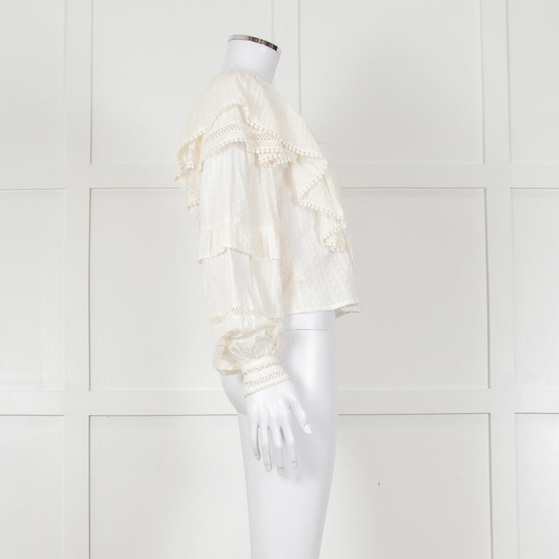 Fabienne Chapot Cream Ruffled Lace Insert Frilled Blouse