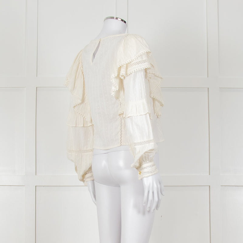 Fabienne Chapot Cream Ruffled Lace Insert Frilled Blouse