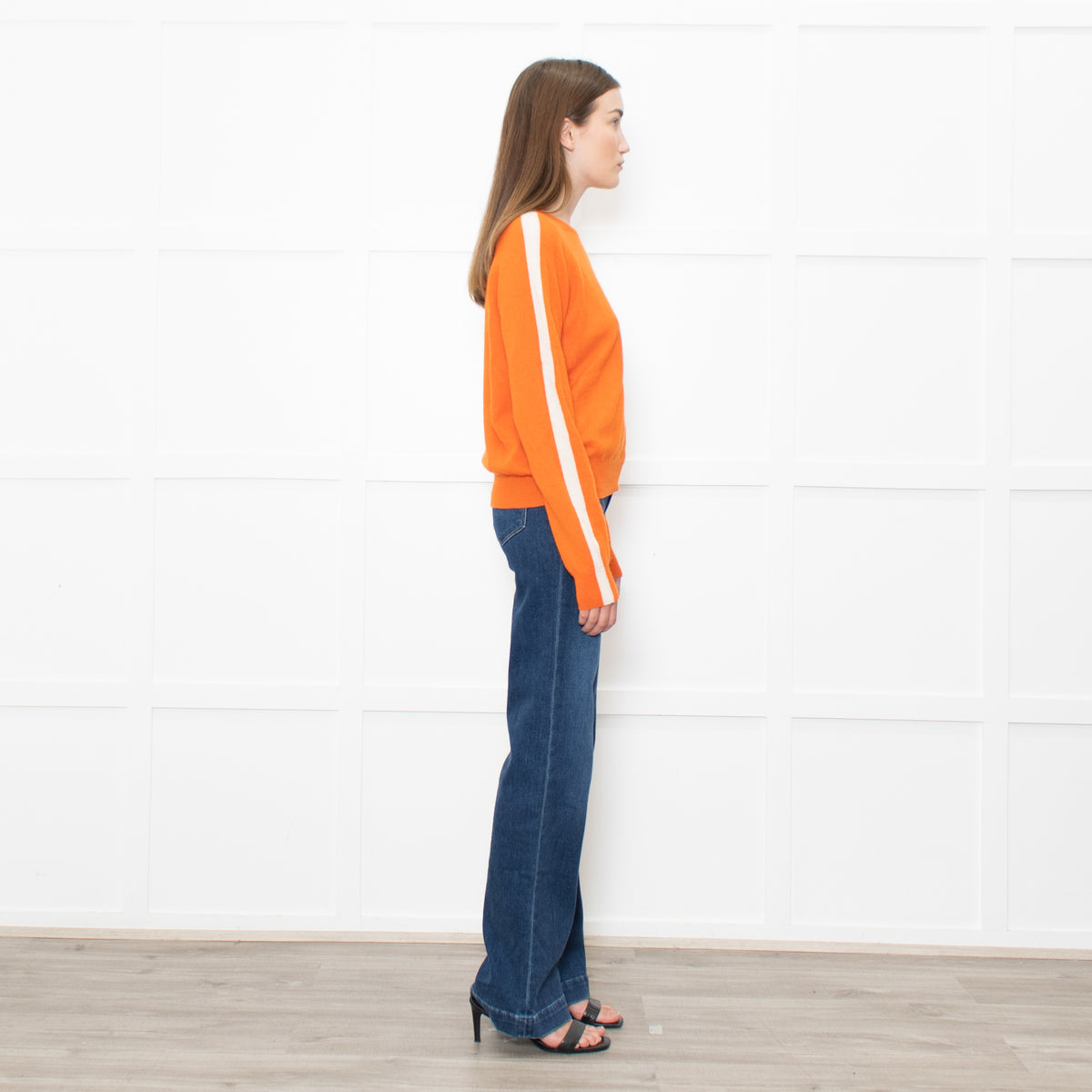 Iris Orange Cream Cashmere Stripe Sleeve Detail Jumper