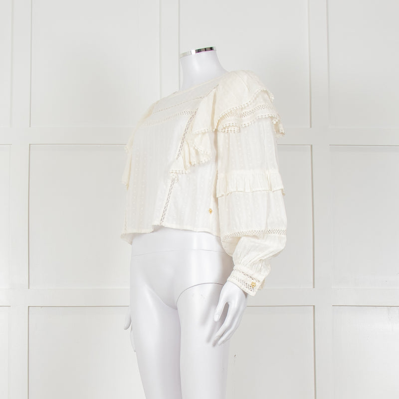 Fabienne Chapot Cream Ruffled Lace Insert Frilled Blouse