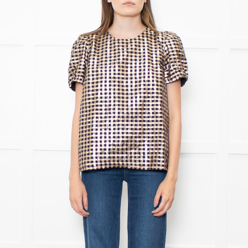 J Crew Gold Black Lurex Check Short Sleeved Top