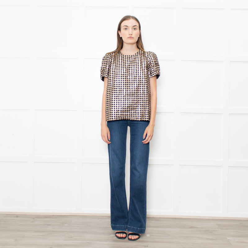 J Crew Gold Black Lurex Check Short Sleeved Top