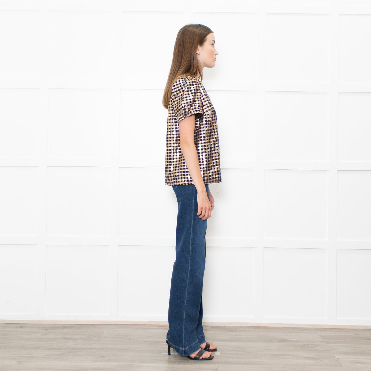 J Crew Gold Black Lurex Check Short Sleeved Top