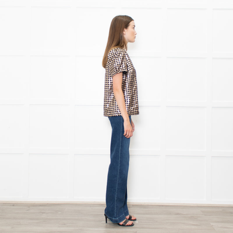 J Crew Gold Black Lurex Check Short Sleeved Top