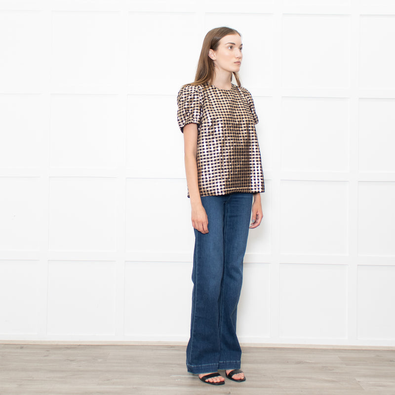 J Crew Gold Black Lurex Check Short Sleeved Top