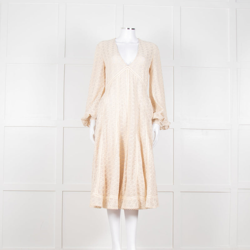 Jonathan Simkhai Beige Embroidered V-Necked Long Sleeve Dress