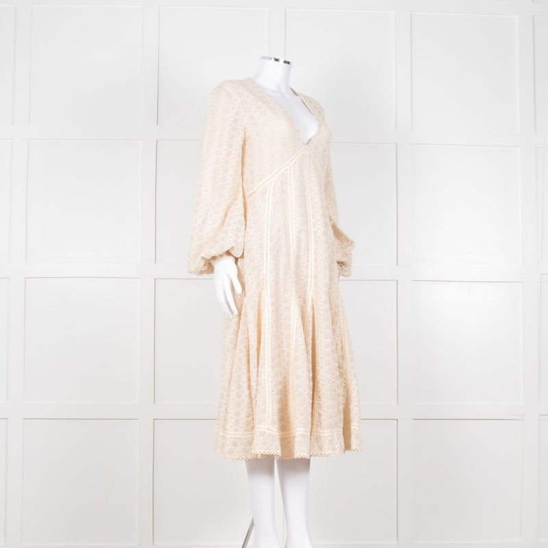 Jonathan Simkhai Beige Embroidered V-Necked Long Sleeve Dress