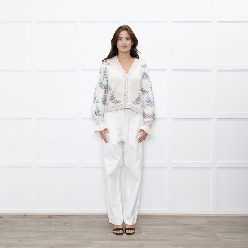 LoveShackFancy Cream Green Floral Wool Blend Cardigan