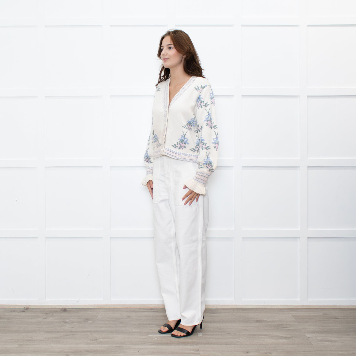 LoveShackFancy Cream Green Floral Wool Blend Cardigan