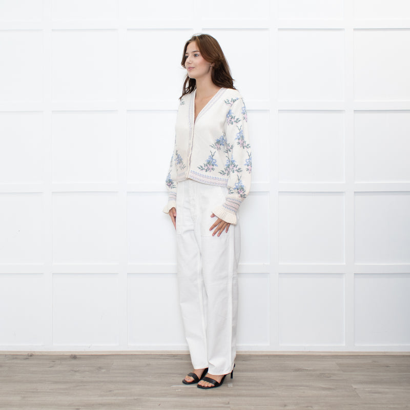 LoveShackFancy Cream Green Floral Wool Blend Cardigan